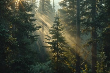 Sunlight filteringfir forest in the mountains