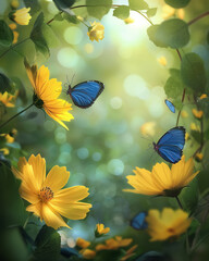 Flowers garden with yellow blossom Cosmos flowers and blue butterflies in morning light, summer flower theme, spring time theme.
