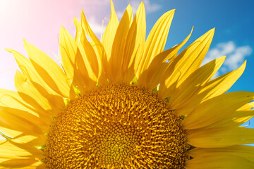 Half of a sunflower flower against a blue sky. The sun shines through the yellow petals....