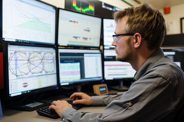 Engineer analyzing data on multiple computer screens