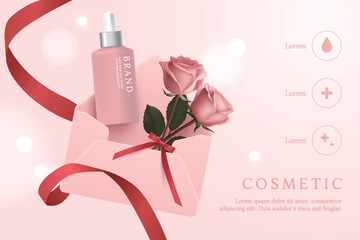 Cosmetic product ads template on pink background with rose and letter.