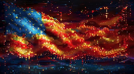 A vibrant digital pixel art rendition of the USA flag, designed for tech-related themes and digital media, showcasing a modern pixelated effect.