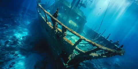 broken shipwreck under the deep blue sea.