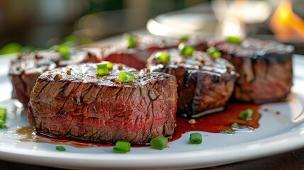 Roasted beef steak served on a white plate with garnishes of green onions