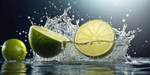 Fresh lime dropped into water on blue background