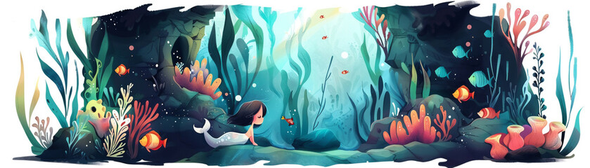Fototapeta na wymiar A tiny, adorable mermaid playing hide and seek with colorful fish in a watercolor-painted cave, flat vector icon style character illustration