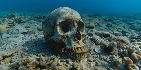 broken skull on the seabed in the deep blue sea.