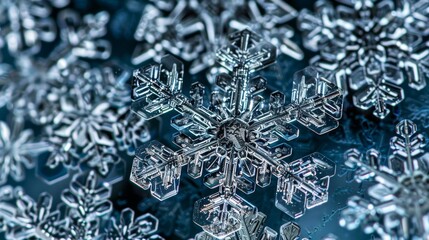 A macro shot of snowflakes each with their own unique and intricate texture..