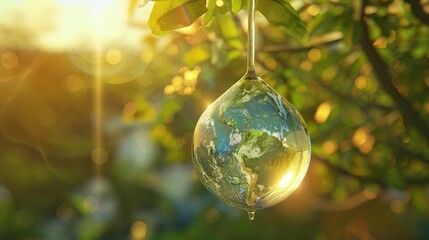Conservation concept earth in a droplet with sunrays.
