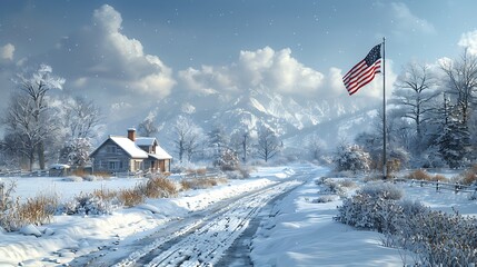 A wintry depiction of the USA flag over a landscape blanketed in snow, reflecting the steadfast spirit and resilience of the nation during winter.