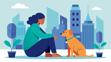 A person with PTSD finding respite from the bustling city streets through the calming presence of their service dog.. Vector illustration
