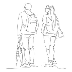 Couple standing. Man with backpack holding 2 closed umbrellas. Rear view. Continuous line drawing. Black and white vector illustration in line art style. 