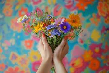 Hands holding a colorful bouquet of wildflowers against a groovy backdrop