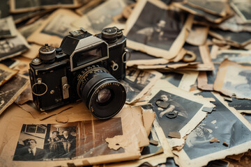 Vintage camera surrounded by scattered photographic negatives