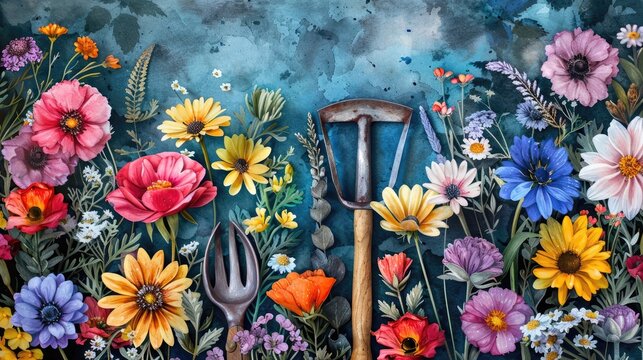 A painting of a garden with a variety of flowers and gardening tools.