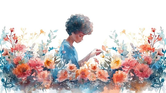 A watercolor painting of a black woman with natural hair wearing a blue dress is smelling a flower in a garden full of colorful flowers.