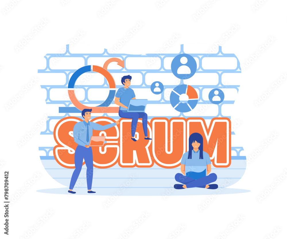 Poster scrum framework, team discussing tasks at kanban board. scrum meeting, conversation, working on lapt