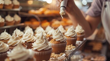 A baker skillfully piping frosting onto cupcakes, with a blurred background of a busy bakery and tra