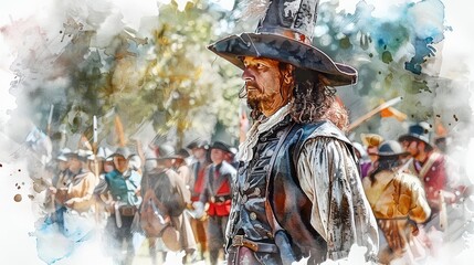 A watercolor painting of a man in a feathered hat from the 1600s.