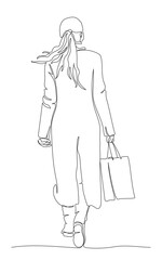 Woman with shopping bag in long coat walking away. Rear view. Continuous line drawing. Black and white vector illustration in line art style.