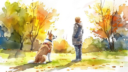 Naklejka premium A watercolor painting of a person and their dog in an autumn forest.