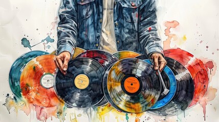 A watercolor painting of a person holding a stack of colorful vinyl records.