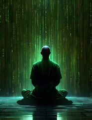 meditating monk, patterns similar to the matrix, binary code