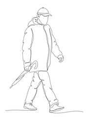 Man with closed umbrella walking. Rainy day. Continuous line drawing. Black and white vector illustration in line art style.
