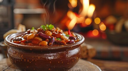 A bowl of hearty chili, with a blurred background of cozy cabin interiors and crackling fires --ar 1