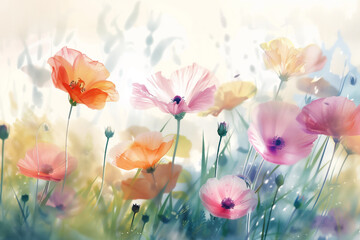 A watercolor flower field, softly depicting colorful flowers swaying in the wind