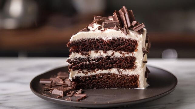 A decadent slice of rich, velvety chocolate cake, layered with creamy frosting and adorned with choc