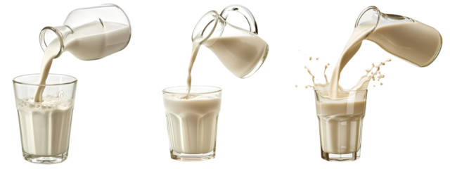 Set of pouring milk from jug into glass, Isolated on transparent  background