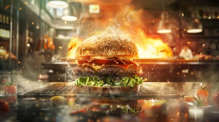 A mouthwatering burger, with a blurred background of sizzling grills and bustling kitchen activity -