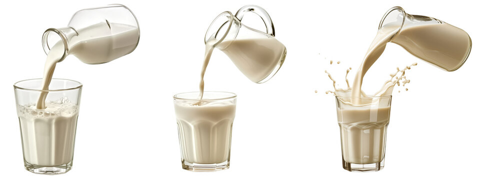 Set of pouring milk from jug into glass, Isolated on transparent  background