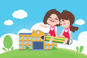 Cute cartoon student back to school with stationery concept background.