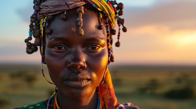 A serene portrait of a Fulani girl adorned with traditional jewelry, her gaze calm and powerful, set against the backdrop of the vast African savannah at sunrise