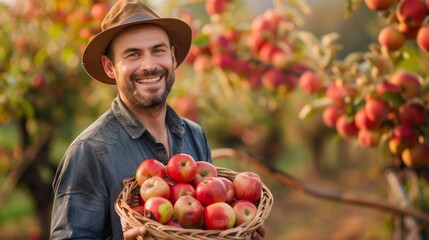 A smiling man holding a basket of freshly picked apples, with a blurred background of an apple orcha