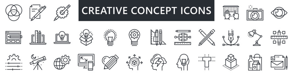 Collection of creativity related line icons.