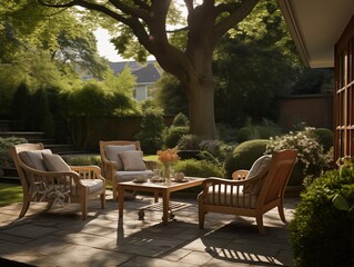Friends Enjoying a Sunny Morning Tea in a Serene Garden