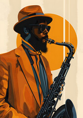 Music artist in suit and hat playing saxophone with microphone - obrazy, fototapety, plakaty