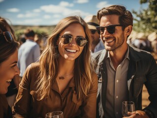 Friends Enjoying a Sunny Wine Tasting Event Outdoors