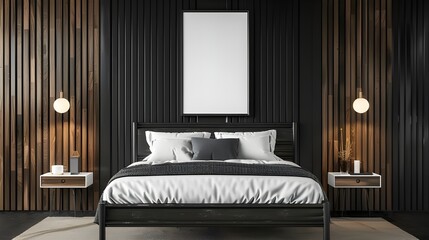 Empty picture frame on black wall in modern bedroom. Mock up interior in contemporary style. Free, copy space for your picture, poster. Bed, plants. 3D rendering ai generated 