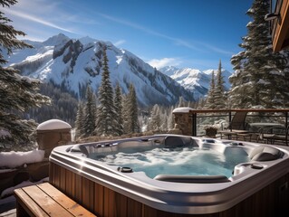 Guests Enjoying a Mountain Hot Tub on a Sunny Winter Day - obrazy, fototapety, plakaty