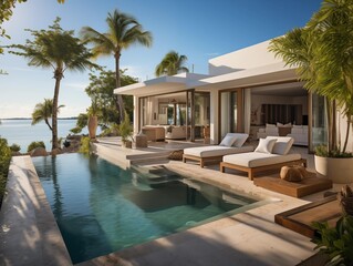 Fototapeta premium Guests Enjoying a Luxurious Villa Poolside Retreat at Dusk in the Tropics