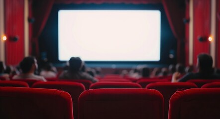 Fototapeta premium Cinema blank wide screen and people in red chairs in the cinema hall.