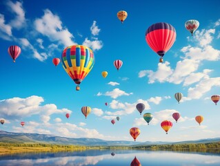 Obraz premium Hot Air Balloons Soaring Over a Serene Lake on a Sunny Day