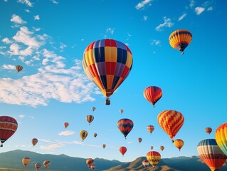 Fototapeta na wymiar Hot Air Balloons Ascend at Sunrise in a Mountainous Region