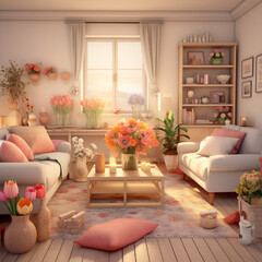 a living room with a couch a vase of flowers a vase of flowers and a vase of tulips
