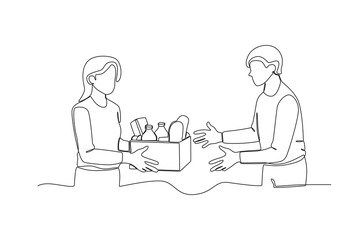 Single continuous line drawing of Neighbors sharing food. Having small talk, concept one line draw graphic design vector illustration.
