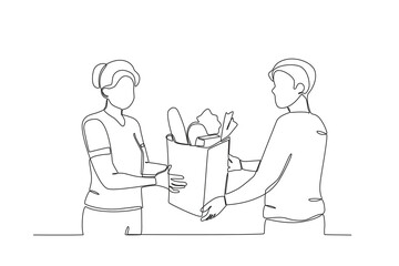 Single continuous line drawing of Neighbors sharing food. Having small talk, concept one line draw graphic design vector illustration.
